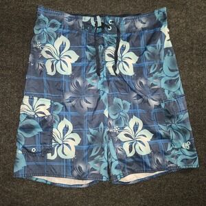 Hang‎ Ten Men's Large Blue Floral Swim Trunks Board Shorts Pockets Mesh Lined
